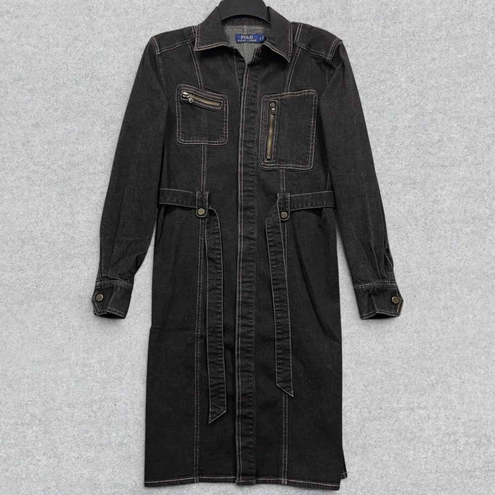 Polo Ralph Lauren Trench Coat Dress Women's Size 4 Black Denim Hidden Button